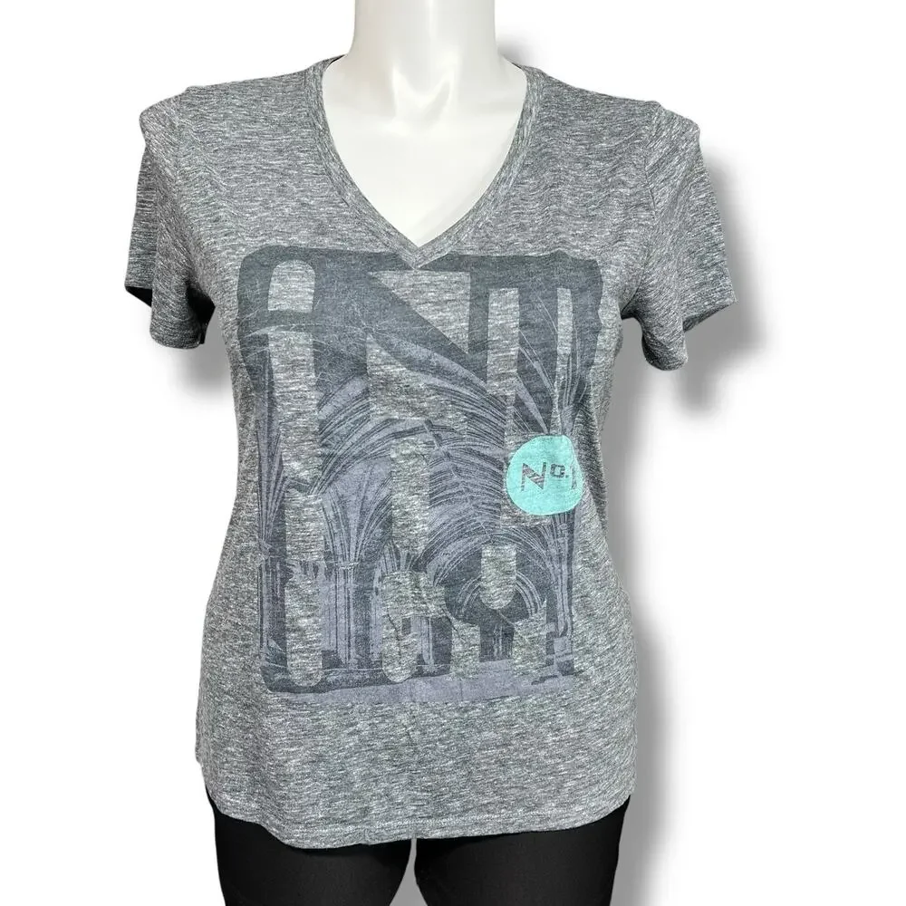 Old Navy Womens T Shirt Top Graphic Print Short Sleeve V Neck Gray Teal Large